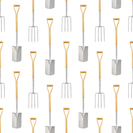 Seamless pattern with gardening tool and garden equipment, spade and fork with wooden handle, isolated top view on white background. Wrapper template for greenhouse or flower shop.の写真素材