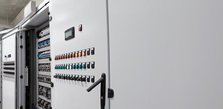 Electrical and electronic panel cabinet for automation and system control of industrial processes, Hvac, management of heating, ventilation, air conditioning and cooling. With copy space backgroundの写真素材