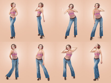 Collage set of happy young woman who is listening to music through red headphones, dancing and singing, isolated on a pink backgroundの写真素材
