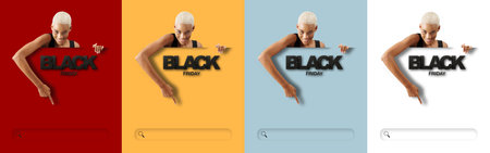 Smiling African woman pointing the search icon. Isolated on Set of various colors background with text written, web Store and mall Banner top deals, advertising for online shoppingの写真素材