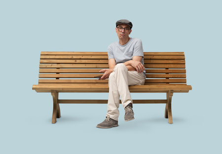 Bored mature man in his 50s sitting on a wooden bench and using a smartphone while looking at the camera. Studio shot, isolated on blue background. Casual clothing, wearing reading glasses and a hatの写真素材