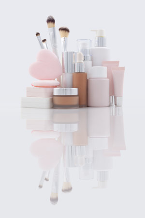 Set of makeup and beauty cosmetics products on a reflective surface. Foundation jar, pump bottles, tubes, puff and brushes. Advertising for beauty store deals, online shopping and gift ideasの写真素材