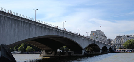 View on Waterloo bridge from the river Thames bank in Londonのeditorial素材