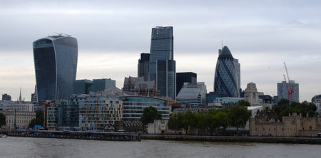 View on London skyscrapers from the river Thames bank