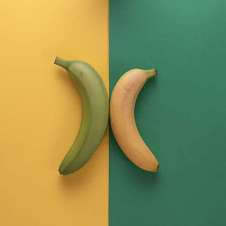 Flat lay bananas on yellow and green background. From top viewの写真素材
