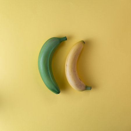 Flat lay bananas on yellow background. From top view. Creative summer ideaの写真素材
