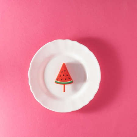 Watermelon ice cream in a plate on a pink background. Summer concept.Flat layの写真素材