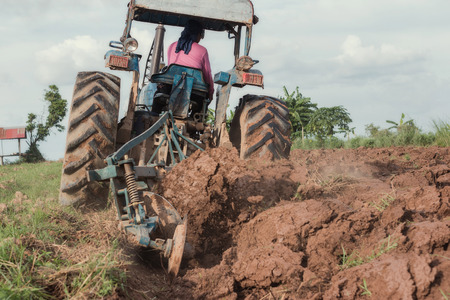 Farmer using machine in rice field,Farmer in tractor preparing farmland.の写真素材