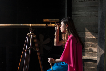 Asian woman wearing traditional Thai culture,Asian woman wearing typical Thai dress identity culture of Thailand.の写真素材