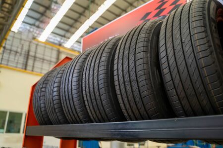 Car tire in shop,Car tires for sale at a tire store,Car tires service.の写真素材