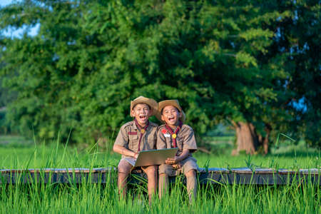 Boys Scouts use laptop at scout camp during summer.
