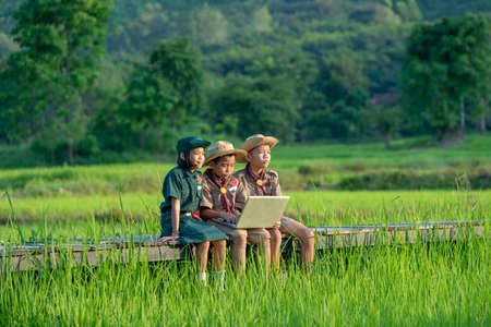Young American Boy Scouts use laptop at scout camp during their summer camp.