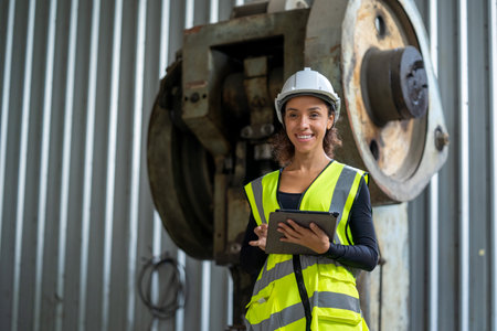 Young female in protective uniform inspecting industrial machine and taking necessary notes on...