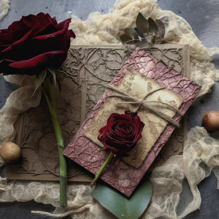 Dried rose on a card,Flowers on invitation,Vintage ,Generative, AI, Illustration.の素材