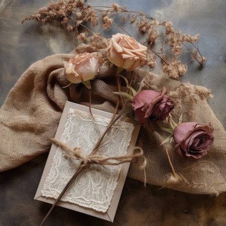 Dried roses and invitation on wooden background,Generative, AI, Illustration.の素材