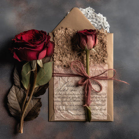 Dried roses and invitation on wooden background,Generative, AI, Illustration.の素材
