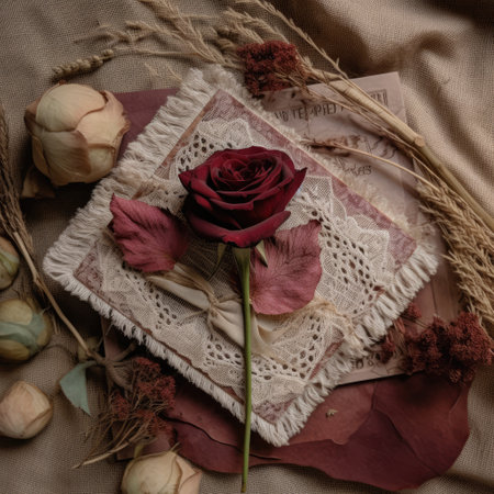 Dried rose on a card,Lacerose and lace invitation,Generative, AI, Illustration.の素材