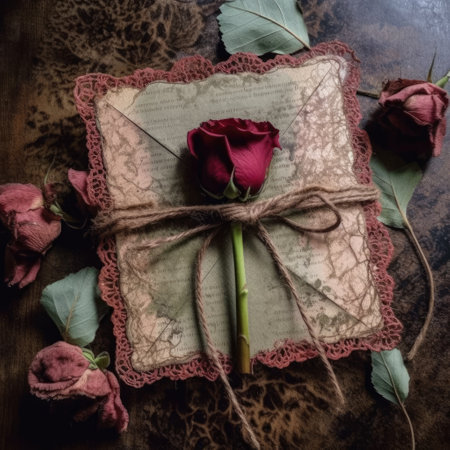 Dried rose on a card,Flowers on invitation,Vintage ,Generative, AI, Illustration.の素材