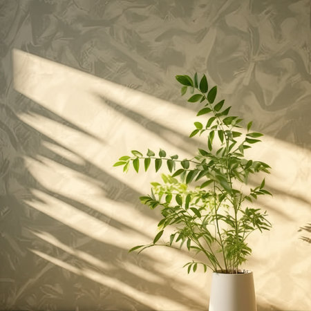 Background texture,Tree in a vase with sunlight and trendy shadow on wall,Generative, AI, Illustration.の素材