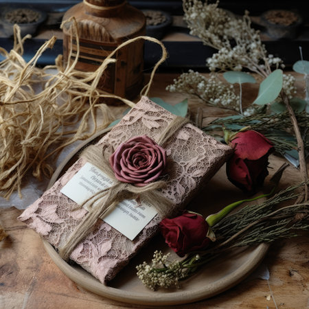 Dried rose on a card,Flowers on invitation,Vintage ,Generative, AI, Illustration.の素材