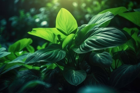 Tropical rainforest green leaf,Dark nature concept, tropical leaf,Generative, AI, Illustration.の素材