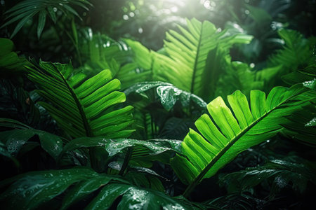 Fresh Green Leaves,Close Up nature view of green leaf and palms background, Flat lay,Generative, AI, Illustration.の素材