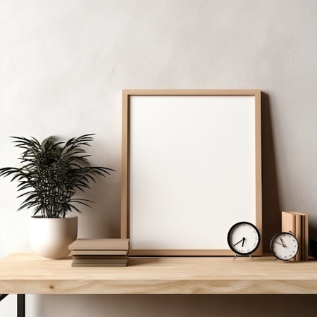 Creative workplace, Empty picture frame, Coffee cup and supplies on table,AI generated.の素材