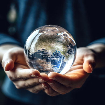 Business man holding glass ball in his hand symbol for global business,Concept for environment and conservation and save clean planet, Ecology,Copy space,AI generated.の素材
