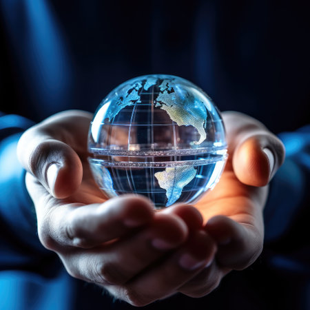 Businessman holds crystal globe in hands,Crystal Earth On green grass Environment concept, Glass globe in the grass,AI generated.の素材