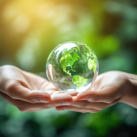 Globe on the human hands for environmental,Social and governance,Words green background,sustainable environment concept,AI generated.の素材