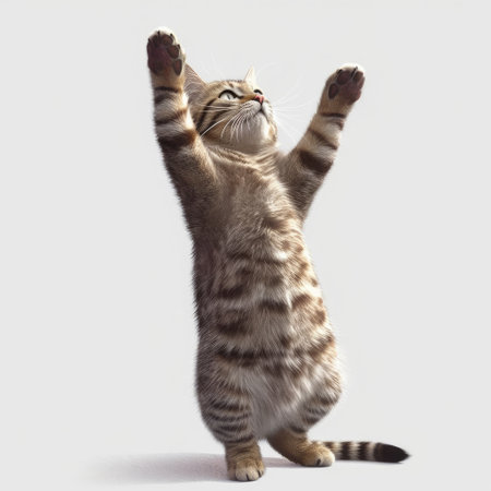 Funny hair cat are standing and raising hand,AI generated.の素材