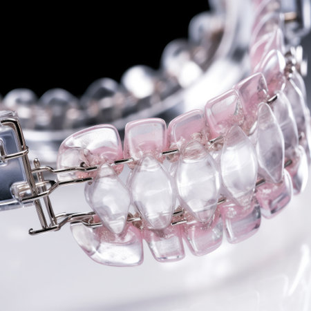 Invisible plastic braces lie,Cosmetic dentistry with Orthodontic bracket on clear white teeth,AI generated.の素材