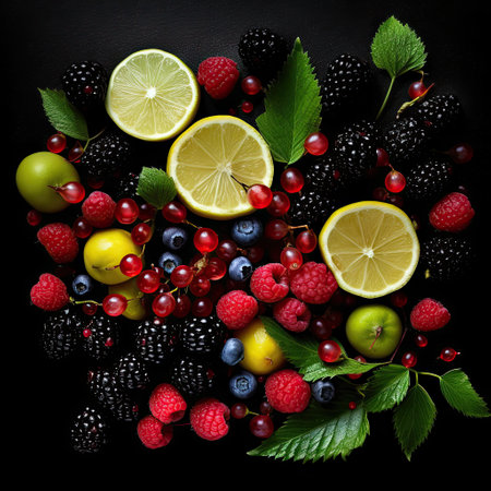 Berries colorful assorted mix of berry with currant ,lemon and kiwi, blueberry,AI generated.の素材