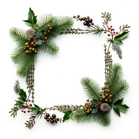Festive round frame Christmas tree branches, pinecone and red berries, Concept minimalist Christmas and new year,AI generated.の素材
