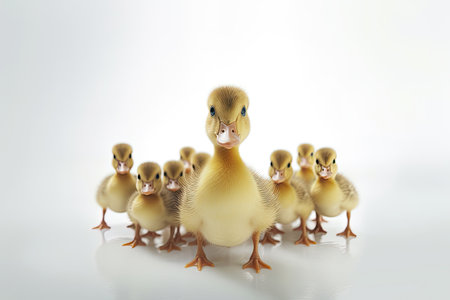 Cute duck and young duckling animals,Family walking on white background, Funny yellow group,AI generated.の素材
