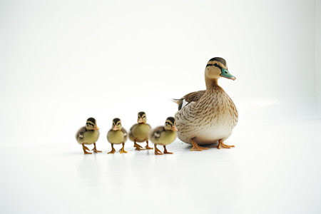 Cute duck and young duckling animals,Family walking on white background, Funny yellow group,AI generated.の素材