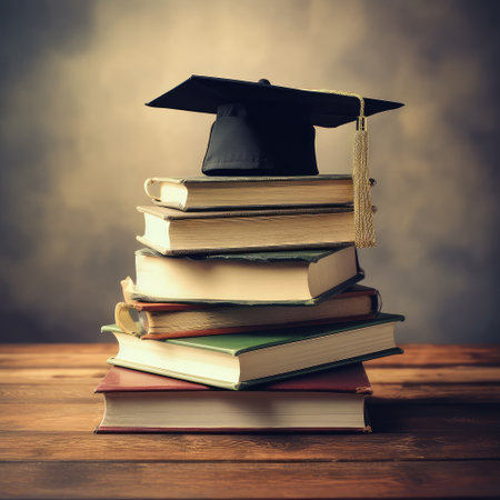Stack books with black square academic cap on top,Graduation in school, College or university,AI generated.の素材