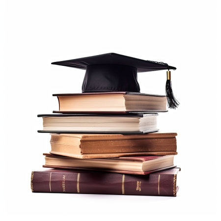 Stack of books and a hat of the graduate,Achievement in education,Education Concept,AI generated.の素材