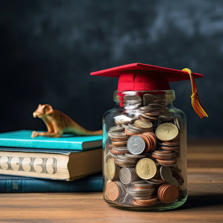 Graduation hat on coins money in the glass bottle,Saving money for education concept,AI generated.の素材