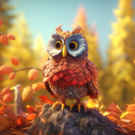 Little owl portrait sitting on branch,Owl on a background of autumn forest,AI generated.の素材
