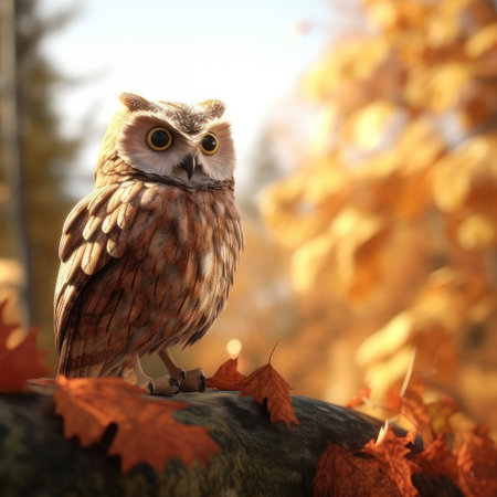 Tawny owl in the autumn forest,Owl sits on a broken tree trunk in the wild,AI generated.の素材