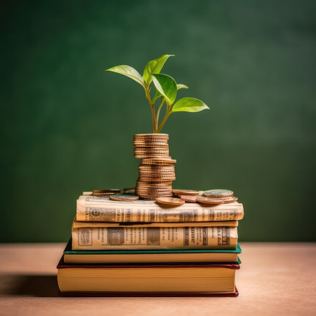 Stacks of coins, Money with plants sprout on top, Wealth growing step by step, Finance and accounting concept,AI generated.の素材