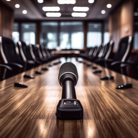 Close up of Microphone in meeting room, Empty meeting room,AI generated.の素材