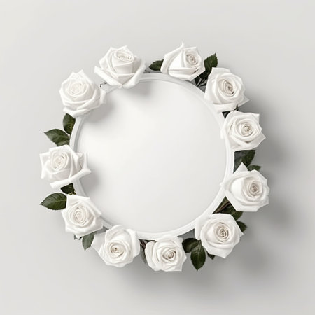 Framed with roses,Round white wooden picture frame on white with empty space for text,AI generated.の素材