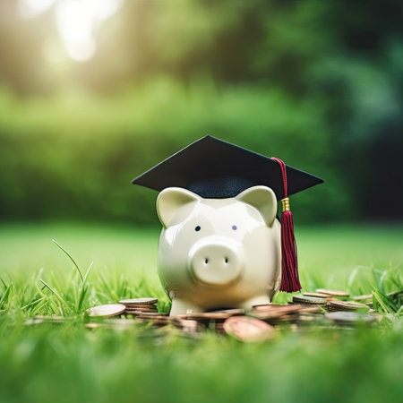 Save money coins in grass with piggy bank and graduation cap,Money conceptual,AI generated.の素材