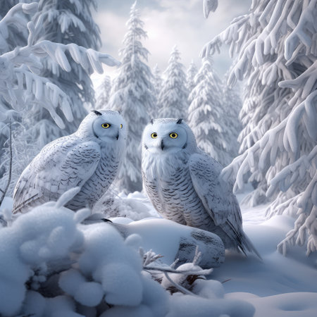 Owl in snow, Attractive winter scene with beautiful owl, AI generated.の素材