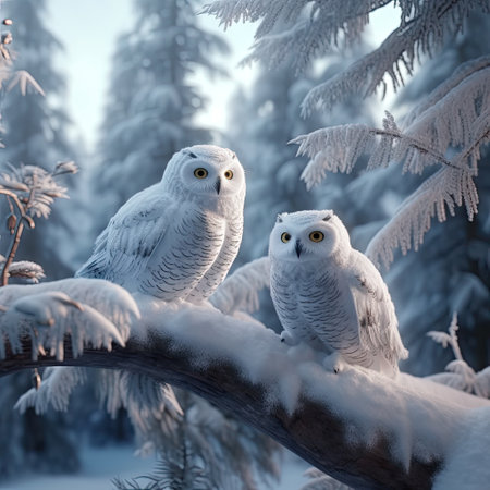Owl in snow, Attractive winter scene with beautiful owl, AI generated.の素材