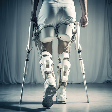 Assistant robotic legs,Physiotherapy Rehabilitation Technology to Make Disabled Person Walk, Focus on Legs,AI generated.の素材