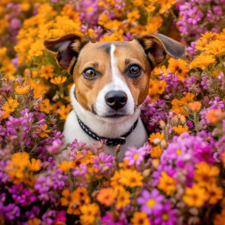 Closeup smiling dog among the flowers,AI generated.の素材