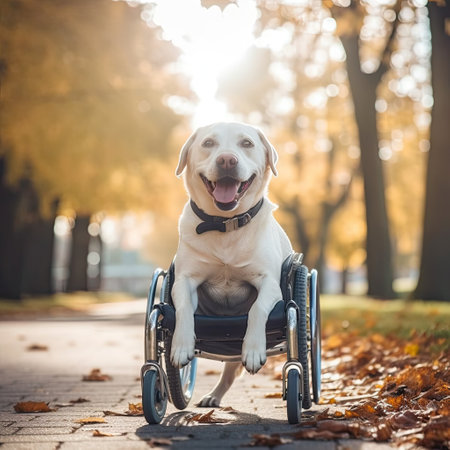 Dog with disabilities in wheelchair during a walk in park,AI generated.の素材